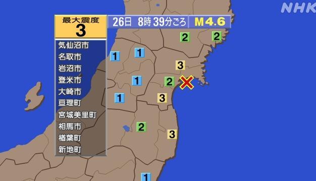 日本宮城縣近海海域發(fā)生4.6級地震 未引發(fā)海嘯